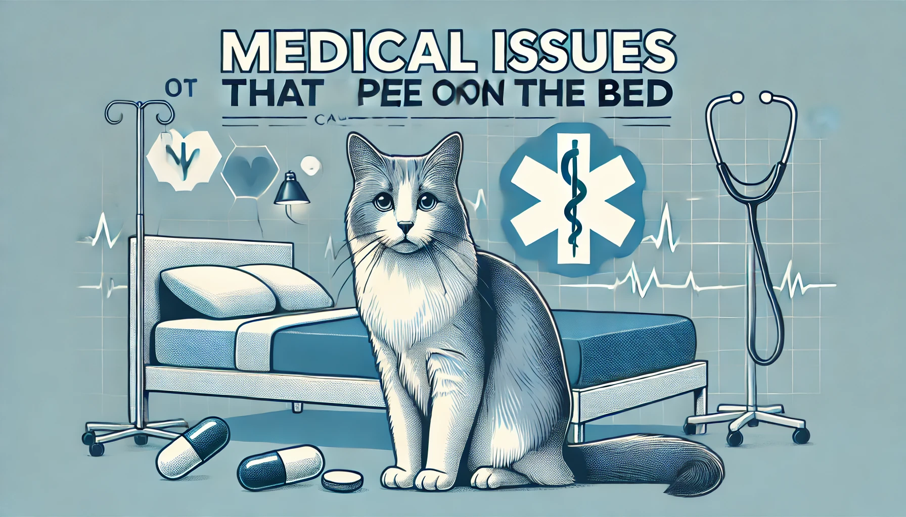 DALL·E-2024-11-27-18.33.44-A-visually-engaging-image-for-the-topic-Medical-Issues-That-Cause-a-Cat-to-Pee-on-the-Bed.-The-image-should-feature-a-concerned-looking-cat-near-a-b Why Is My Cat Peeing on My Bed | Examining Cat Pee Behavior